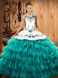 Elegant Turquoise Sleeveless Embroidery and Ruffled Layers Floor Length Quinceanera Dresses