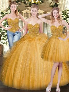 Gold Tulle Lace Up Sweet 16 Quinceanera Dress Sleeveless Floor Length Beading and Ruffles