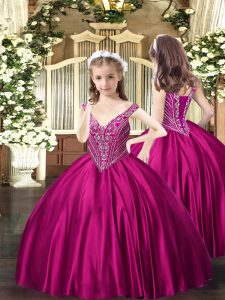 Fashionable Fuchsia Sleeveless Satin Lace Up Little Girls Pageant Dress for Party and Quinceanera