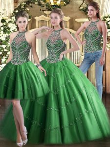 Admirable Floor Length Green Quinceanera Gown Tulle Sleeveless Beading