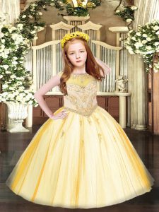 Gold Sleeveless Tulle Zipper Little Girl Pageant Gowns for Party and Quinceanera