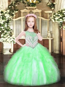 High Quality Floor Length Apple Green Pageant Dress for Girls Scoop Sleeveless Zipper