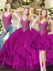 Adorable Organza Sleeveless Floor Length Sweet 16 Dress and Beading and Ruffles