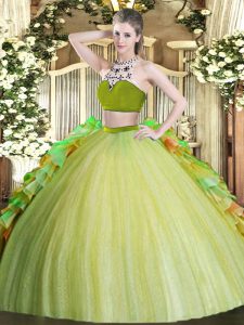 Olive Green Two Pieces Beading and Ruffles 15th Birthday Dress Backless Tulle Sleeveless Floor Length
