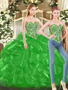 Hot Sale Floor Length Green Quinceanera Dress Tulle Sleeveless Beading and Ruffles