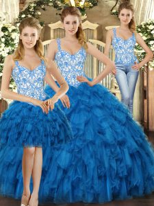 Captivating Sleeveless Floor Length Beading and Ruffles Lace Up Vestidos de Quinceanera with Blue