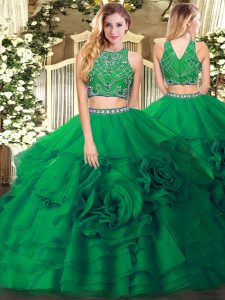 Popular High-neck Sleeveless 15 Quinceanera Dress Floor Length Beading and Ruffled Layers Dark Green Tulle