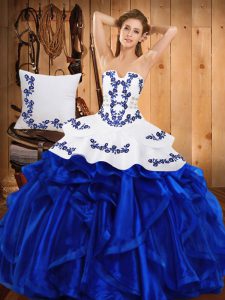 Strapless Sleeveless Lace Up 15 Quinceanera Dress Blue Satin and Organza