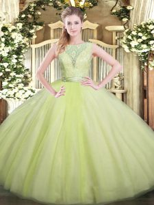 Floor Length Backless Quinceanera Dress Yellow Green for Military Ball and Sweet 16 and Quinceanera with Lace