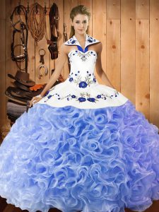 Graceful Ball Gowns 15th Birthday Dress Lavender Halter Top Fabric With Rolling Flowers Sleeveless Floor Length Lace Up