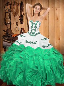 On Sale Turquoise Ball Gowns Embroidery and Ruffles 15 Quinceanera Dress Lace Up Satin and Organza Sleeveless Floor Leng