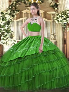 Green Backless High-neck Beading and Embroidery and Ruffles Quinceanera Dresses Tulle Sleeveless
