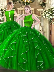 Luxury Floor Length Green 15th Birthday Dress Organza Sleeveless Ruffles