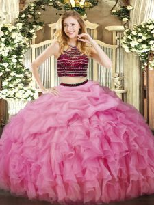 Floor Length Zipper Quince Ball Gowns Rose Pink for Military Ball and Sweet 16 and Quinceanera with Beading and Ruffles