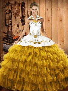Glorious Gold Sleeveless Floor Length Embroidery and Ruffled Layers Lace Up 15 Quinceanera Dress