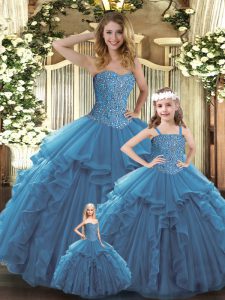 Nice Teal Ball Gowns Sweetheart Sleeveless Organza Floor Length Lace Up Beading and Ruffles Sweet 16 Dresses