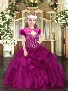 Unique Fuchsia Lace Up Straps Beading and Ruffles Pageant Gowns For Girls Organza Sleeveless