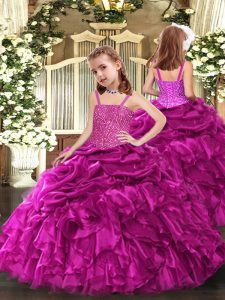 Low Price Fuchsia Lace Up Little Girls Pageant Dress Wholesale Beading and Ruffles Sleeveless Floor Length