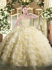 Fancy Gold Sleeveless Organza Zipper Quinceanera Gown for Military Ball and Sweet 16 and Quinceanera
