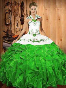 Embroidery and Ruffles 15 Quinceanera Dress Green Lace Up Sleeveless Floor Length