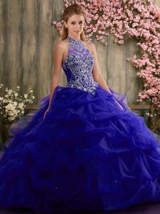 Sleeveless Tulle Floor Length Lace Up Quinceanera Gown in Purple with Beading and Pick Ups