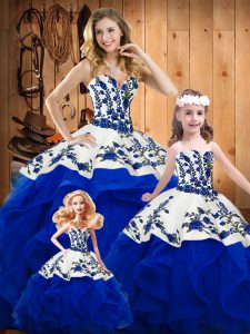 Sleeveless Floor Length Embroidery and Ruffles Lace Up Quinceanera Dress with Royal Blue