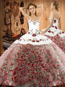 Shining Sleeveless Fabric With Rolling Flowers Sweep Train Lace Up Sweet 16 Dress in Multi-color with Embroidery