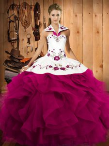 Vintage Fuchsia Halter Top Lace Up Embroidery and Ruffles Vestidos de Quinceanera Sleeveless