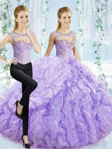 Beading and Pick Ups Quinceanera Dresses Lavender Lace Up Sleeveless Brush Train