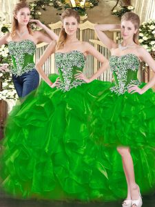 Luxury Floor Length Lace Up Quinceanera Dress Green for Military Ball and Sweet 16 and Quinceanera with Beading and Ruff