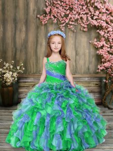 Customized Straps Sleeveless Organza Little Girl Pageant Gowns Beading and Ruffles Lace Up