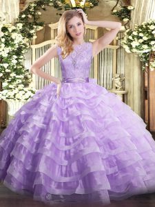 Eye-catching Lavender Backless Scoop Lace and Ruffled Layers Sweet 16 Dress Organza Sleeveless