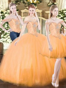 Exceptional Orange Red Organza Lace Up Off The Shoulder Sleeveless Floor Length Sweet 16 Dresses Beading and Ruffles