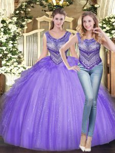 Floor Length Lace Up 15th Birthday Dress Lavender for Military Ball and Sweet 16 and Quinceanera with Beading and Ruffle