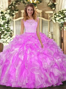 Lilac Sleeveless Floor Length Lace and Ruffles Clasp Handle Ball Gown Prom Dress