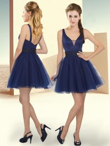 Navy Blue Sleeveless Beading Mini Length Bridesmaid Gown