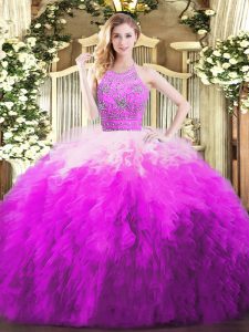 Flare Halter Top Sleeveless Quince Ball Gowns Floor Length Beading and Ruffles Multi-color Tulle