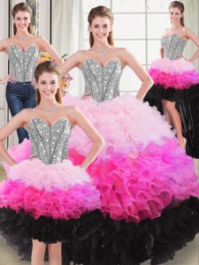 Sleeveless Organza Floor Length Lace Up 15 Quinceanera Dress in Multi-color with Beading and Ruffles