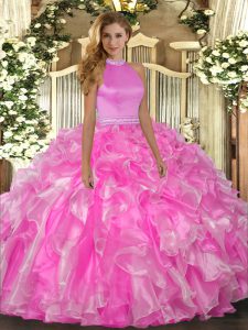 Flirting Halter Top Sleeveless Sweet 16 Dress Floor Length Beading and Ruffles Rose Pink Organza