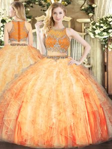Stunning Orange Red Ball Gowns Beading and Ruffles Quinceanera Dresses Zipper Organza Sleeveless Floor Length