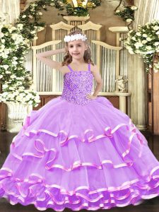 Hot Sale Floor Length Lace Up Little Girls Pageant Gowns Lilac for Party and Quinceanera with Beading and Ruffled Layers