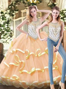 Dazzling Floor Length Zipper Sweet 16 Quinceanera Dress Peach for Military Ball and Sweet 16 and Quinceanera with Beadin