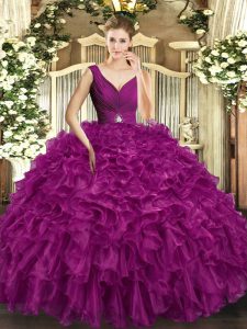 Pretty Fuchsia Organza Backless Quince Ball Gowns Sleeveless Floor Length Beading and Ruffles