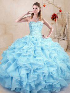 Customized Light Blue Ball Gowns Sweetheart Sleeveless Organza Floor Length Lace Up Ruffles Quince Ball Gowns