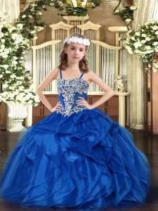 Sleeveless Floor Length Appliques and Ruffles Lace Up Kids Formal Wear with Blue