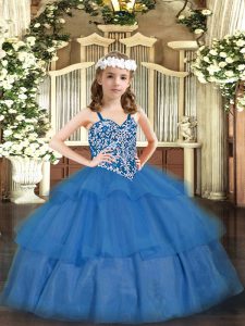 Inexpensive Baby Blue Lace Up Little Girls Pageant Dress Wholesale Beading and Ruffled Layers Sleeveless Floor Length