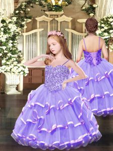 Graceful Lavender Sleeveless Floor Length Appliques and Ruffled Layers Lace Up Pageant Dress for Teens