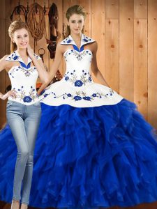 Halter Top Sleeveless Quinceanera Dress Floor Length Embroidery and Ruffles Blue And White Satin and Organza