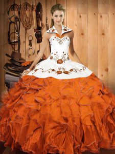 Low Price Orange Red Sleeveless Floor Length Embroidery and Ruffles Lace Up Sweet 16 Dress