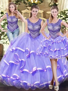 Glamorous Lavender Tulle Lace Up Scoop Sleeveless Floor Length 15th Birthday Dress Beading and Ruffled Layers